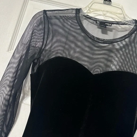 Aqua Black Velvet Party/Cocktail Dress with Sheer Sleeves - Picture 4 of 13